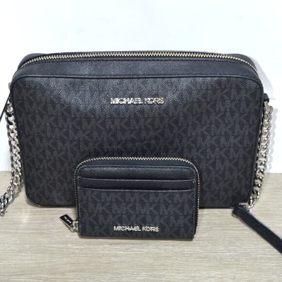 Michael Kors Jet Set Large Black Logo Crossbody Purse & Card Case Wallet Set - Picture 2 of 15